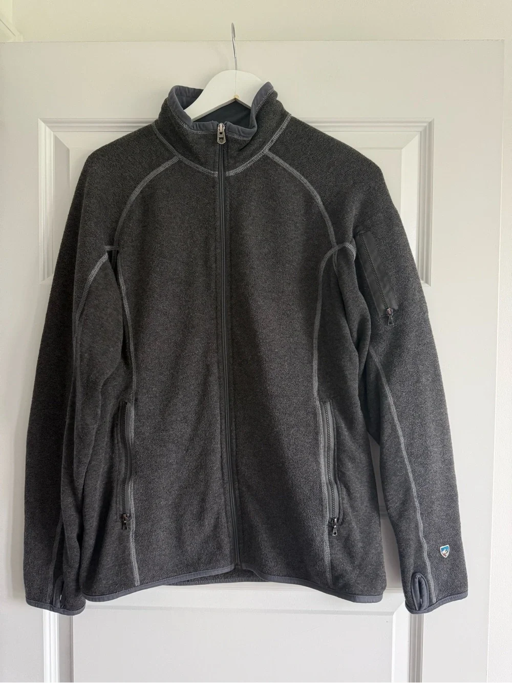 Kuhl Jacket Mens Medium Gray Alfpaca Fleece Full Zip Thumbholes Hiking Outdoor